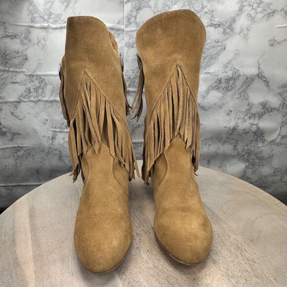 Obsession Rules Hopey Suede Tan Moccasin Fringe Boho Hidden Wedge Boots Women 8 - Picture 11 of 11